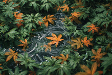 Naklejka na ściany i meble The Serene Dance - Orange and Green Marijuana Leaves Floating in Water