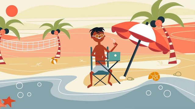 2d Animation of Boy Working On Laptop On Sea Beach, Drinking Tropical Juice, Enjoying The Natural Scenery