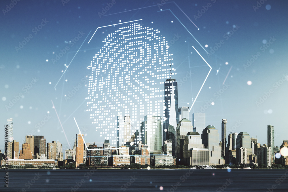 Poster Multi exposure of virtual abstract fingerprint illustration on New York city skyline background, digital access concept