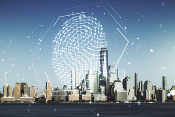 Multi exposure of virtual abstract fingerprint illustration on New York city skyline background,...