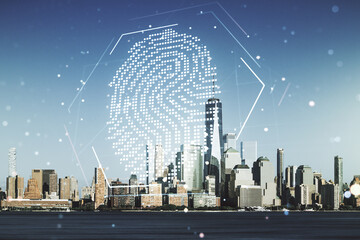 Multi exposure of virtual abstract fingerprint illustration on New York city skyline background, digital access concept