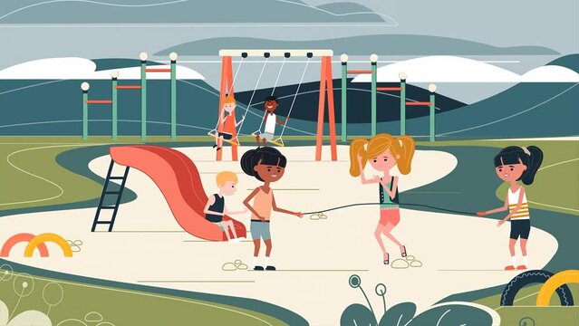 2d Animation of Boys And Girls Children In Playground Playing Scape Rope, Swinging, Sliding.