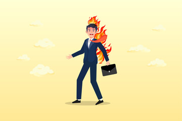 Depressed businessman office worker with fire burn on his head and suit, employee burn out, exhausted from overworked or overload task, mental problem or stressful from too much workload (Vector)