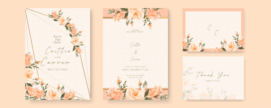 Peach rose vector wedding invitation card set template with flowers and leaves watercolor