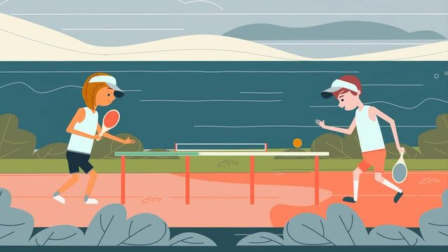 2d Animation of Cartoon Boy And Girl Children Playing Table Tennis Illustration Animation