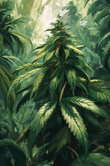 Vibrant Green Marijuana Plant with Blossoms - A Botanical Illustration