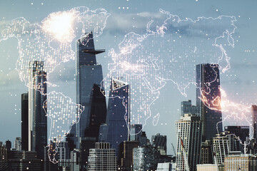 Multi exposure of abstract creative digital world map hologram on New York city skyscrapers...