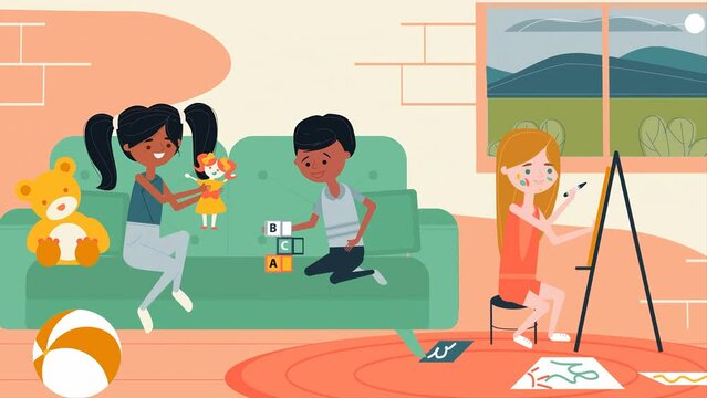 2d Animation of Children Playing With Toys, Dolls, Cubes And Paints At Daycare.