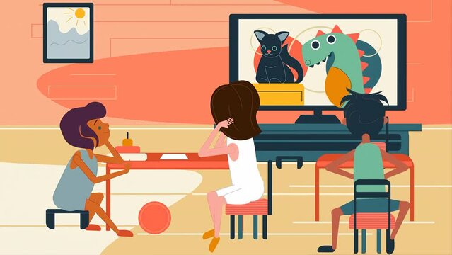 2d Animation of Children Watching Cartoons And Chatting With Each Other At Daycare.