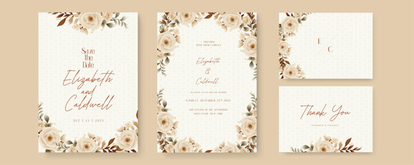 Beige peony floral wedding invitation card template set with flowers frame decoration