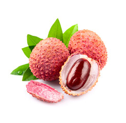 Lychee with leaves on white backgrounds