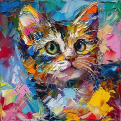 A colorful and textured abstract painting of a cute cat, perfect for wall decor with a contemporary flair