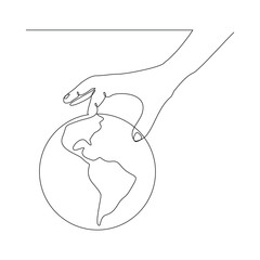 Continuous single line sketch drawing of palm hand holding earth globe save world environment. One line art of protect earth care world day vector illustration 
