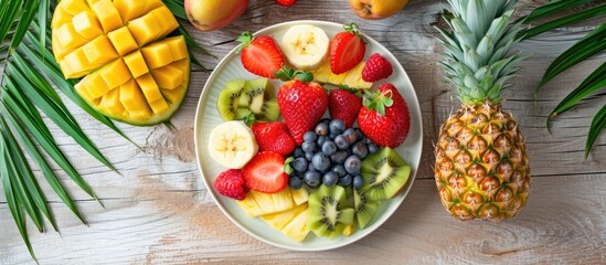 Tropical beach lifestyle with fresh fruit plate and pineapple, top view.
