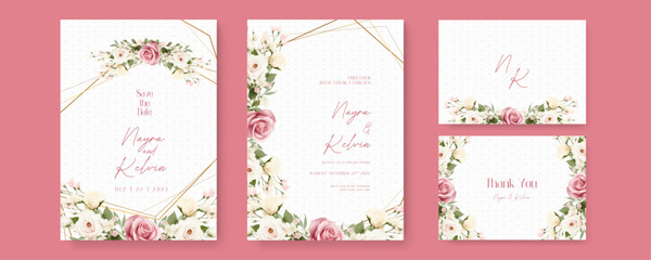 White and pink rose wedding invitation card template with flower and floral watercolor texture vector
