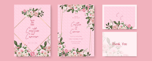 Pink and white rose artistic wedding invitation card template set with flower decorations