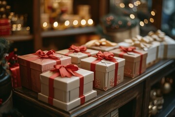 Elegant gift boxes in a boutique display - obrazy, fototapety, plakaty