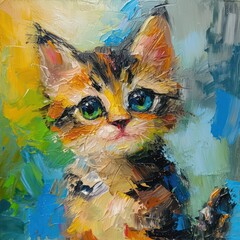 A colorful and textured abstract painting of a cute cat, perfect for wall decor with a contemporary flair