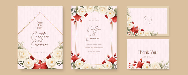 White and red rose modern wedding invitation template with floral and flower