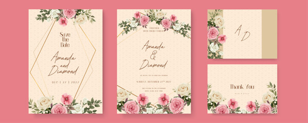 Pink and beige rose and poppy floral wedding invitation card template set with flowers frame decoration