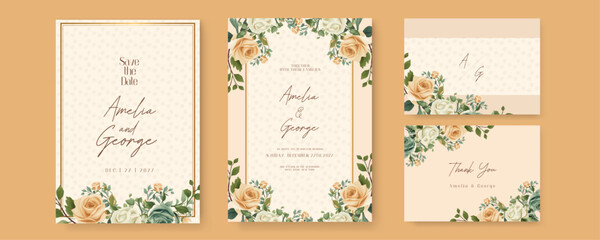 Beige and green rose artistic wedding invitation card template set with flower decorations