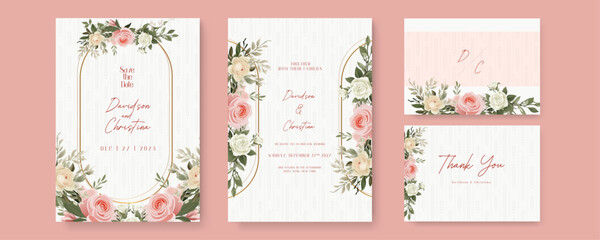 Pink beige and white rose beautiful wedding invitation card template set with flowers and floral