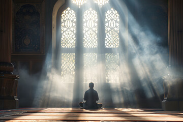 Obraz na płótnie Canvas Muslim man praying while sitting on the mosque floor in the sunbeam. Sunlight rays and haze through the window create a serene atmosphere. Ramadan or islamic concept photo with copy space for texts.
