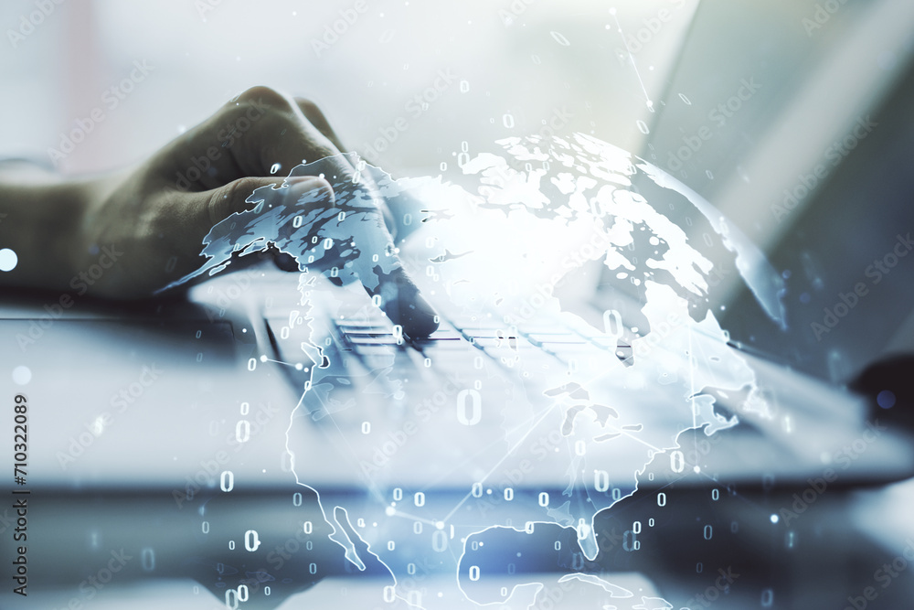Poster multi exposure of abstract software development hologram with world map and hands typing on computer