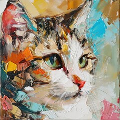 A colorful and textured abstract painting of a cute cat, perfect for wall decor with a contemporary flair