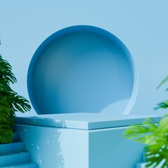 3D Render blue podium studio with geometric shapes. Platforms for product presentation, Abstract composition in minimal design. Minimal Modern Mockup Podium Display, blue abstract Background.3d render