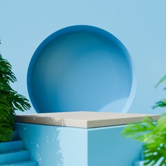 3D Render blue podium studio with geometric shapes. Platforms for product presentation, Abstract composition in minimal design. Minimal Modern Mockup Podium Display, blue abstract Background.3d render