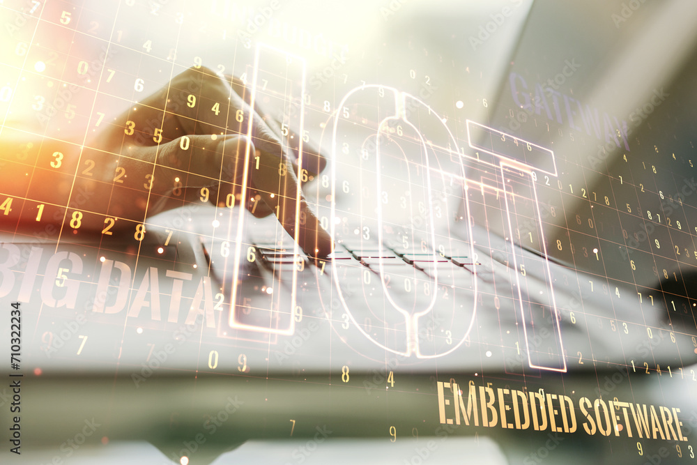 Poster creative iot illustration with hands typing on computer keyboard on background, future technology co