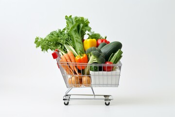 Shopping cart full of fresh vegetables on a clean white background, healthy eating concept.