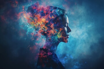 A woman's profile with colorful smoke coming out of her head in a surreal portrait. - obrazy, fototapety, plakaty