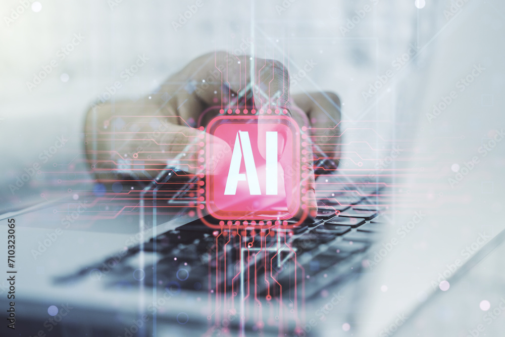 Aufkleber creative artificial intelligence symbol concept with hands typing on computer keyboard on background