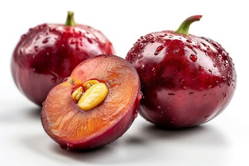 A couple of plums, suggesting a rotting fruit or a cherry, sitting next to each other in a professional fruit photography.