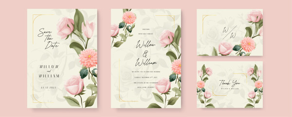 Pink rose and chrysanthemum set of wedding invitation template with shapes and flower floral border