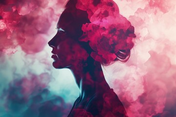 A surreal, beautiful young woman with a flower in her hair in a double exposure portrait.