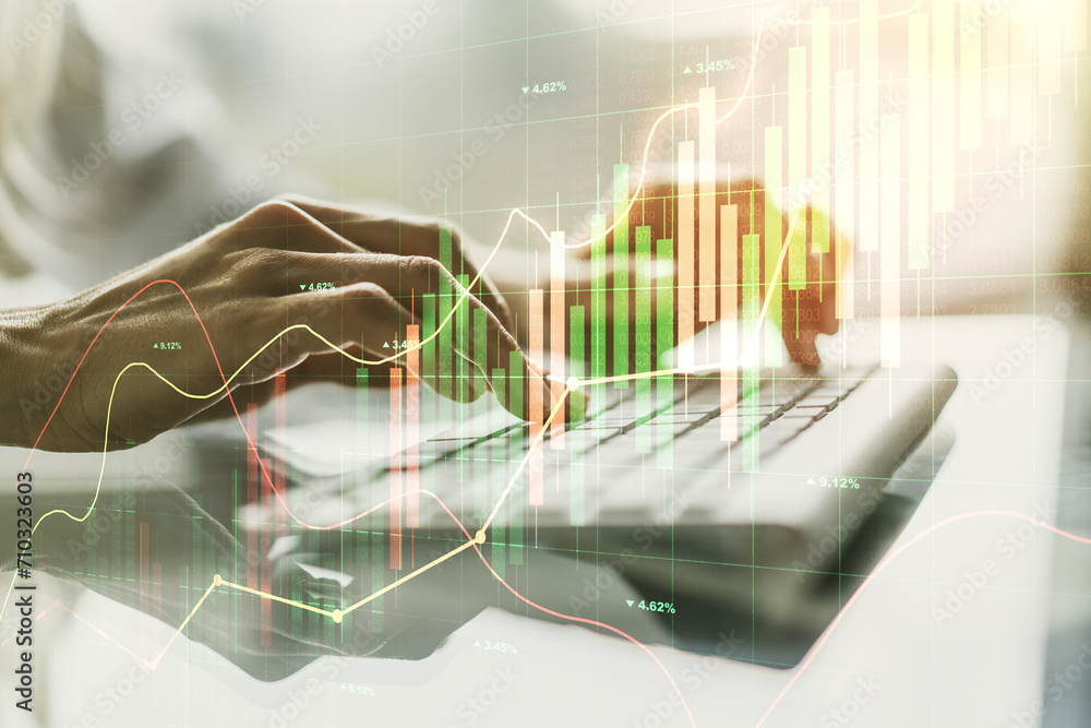 Poster multi exposure of abstract creative financial chart with hand typing on computer keyboard on backgro