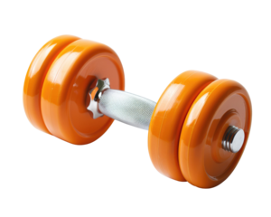 Single orange dumbbell on a transparent background, essential for fitness and weight training.