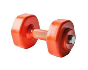 Vibrant red dumbbell on a transparent background, fitness equipment for strength training.