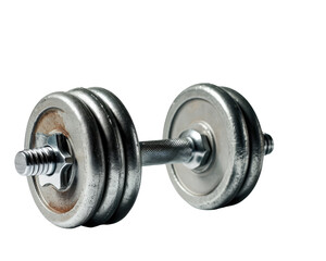 Old, rusted dumbbell with adjustable plates on a transparent background, symbolising strength training.