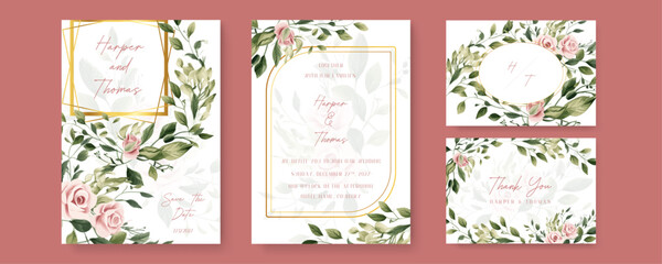 Pink rose vector wedding invitation card set template with flowers and leaves watercolor