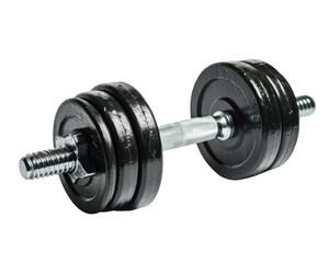 Naklejka premium Dumbbell with adjustable plates on a transparent background, symbolising strength training.