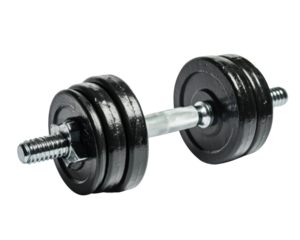 Dumbbell with adjustable plates on a transparent background, symbolising strength training.