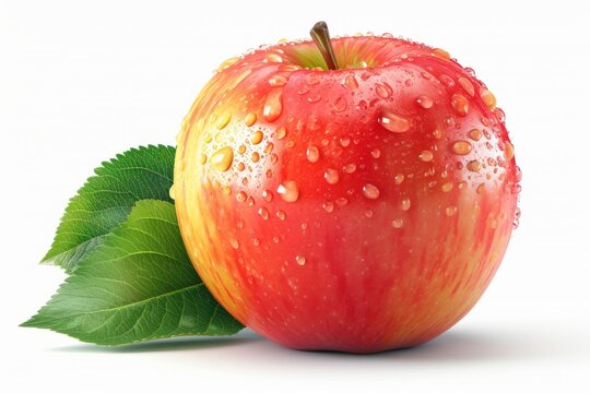 A red apple with water droplets and a green leaf is seen.