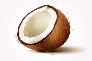 A half eaten coconut on a white surface in a high detailed, hyper detailed, and realistic illustration.