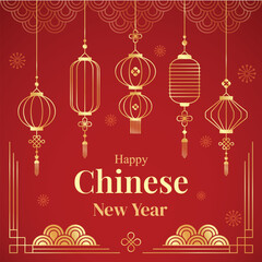 Naklejka premium Happy Chinese New Year vector, Year of the Dragon banner template design on a gradient red background, gold hanging lantern. Modern luxury oriental illustration for cover, banner, website.