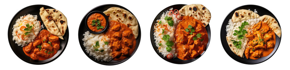 Chicken tikka masala spicy curry  in black bowl isolated on white or transparent background . Portuguese Influenced Indian dish made by cooking chicken in gravy spice paste.