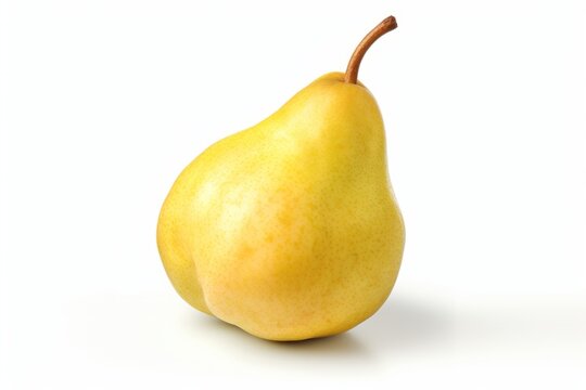 A single yellow pear with a big pear-shaped head on a white surface.